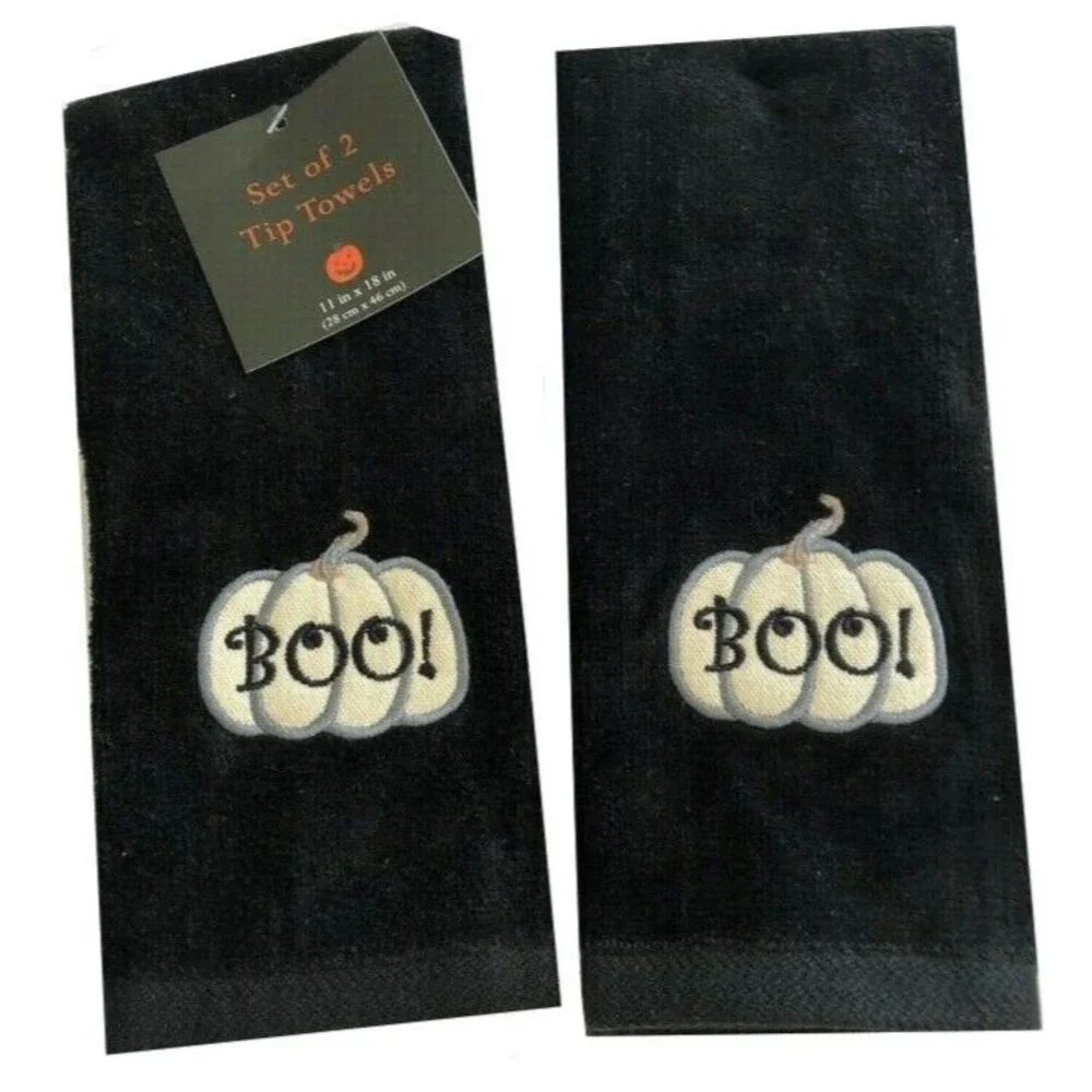 Halloween Fingertip Towels Boo Pumpkin Black Guest Applique Embroidered Set of 2